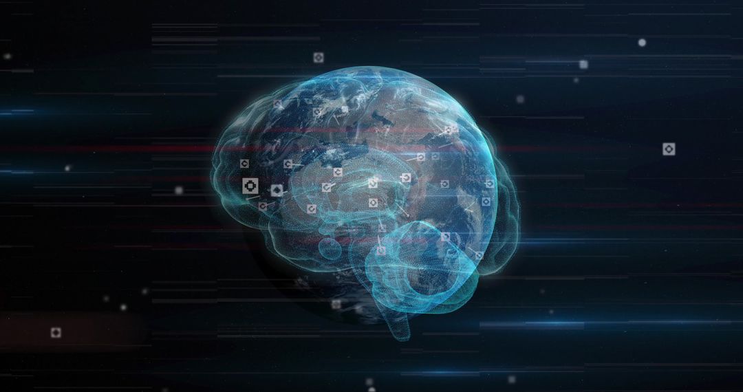 Holographic Brain Overlay on Earth with Data Network Icons in Digital Space