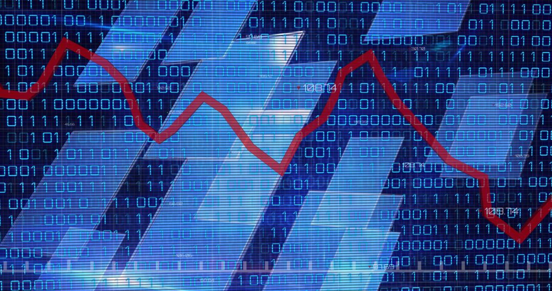 Digital Financial Graphs and Binary Code on Blue Background