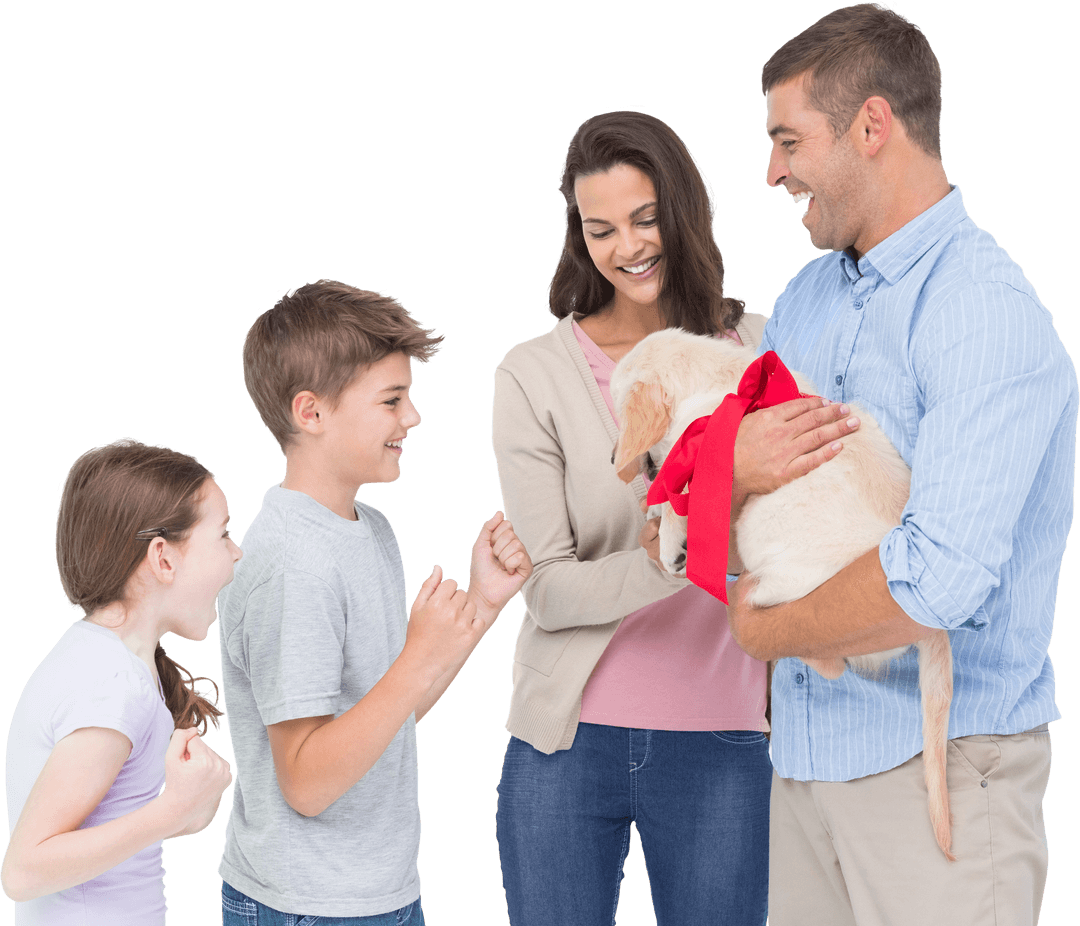 Transparent Family Joy with Wrapped Puppy and Cheerfully Anticipating Kids