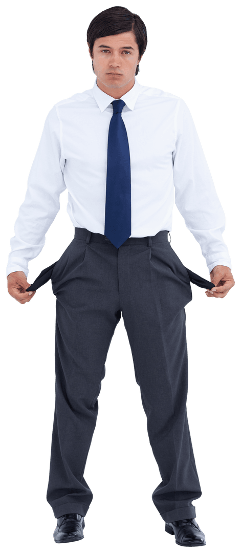 Man in Business Attire with Empty Pockets on Transparent Background