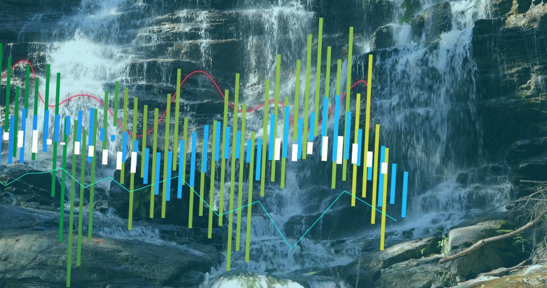 Chart Overlay on Waterfall Symbolizing Nature and Technology Fusion
