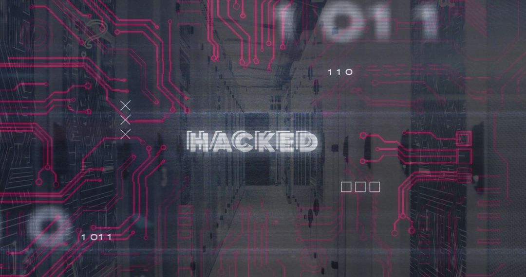 Hacked Text Overlay on Computer Server Room Represents Data Breach