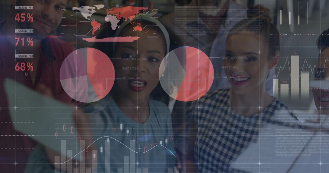 Diverse Team Analyzing Digital Data Diagrams in Modern Office