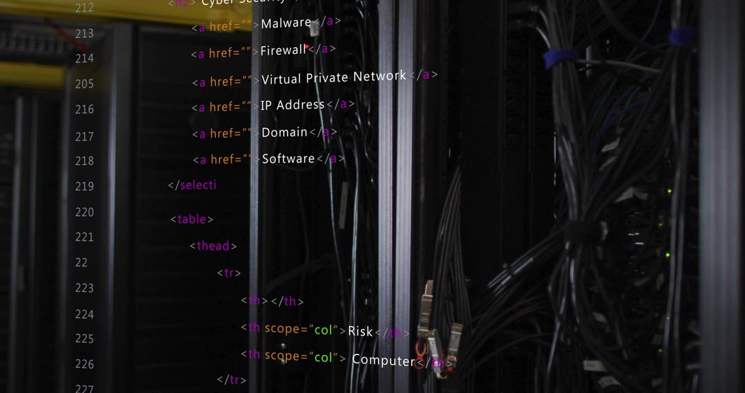 Data Center Server Rack with Cybersecurity HTML Overlay