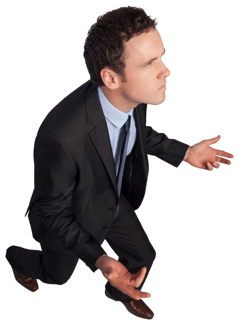 Transparent Businessman Gesturing Up with Confused Expression
