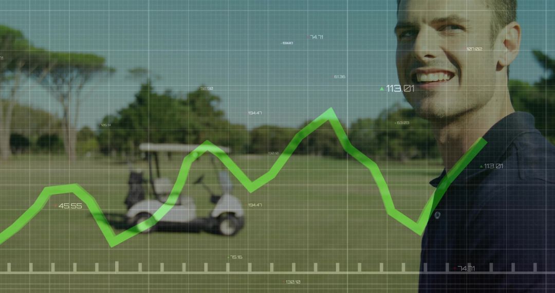 Golfer Analyzing Game Performance with Green Graph Overlay on Fairway