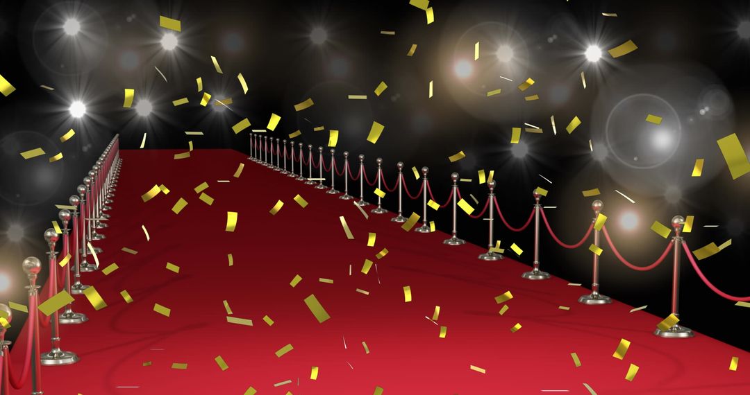 Glamorous Red Carpet with Sparkling Gold Confetti and Lights