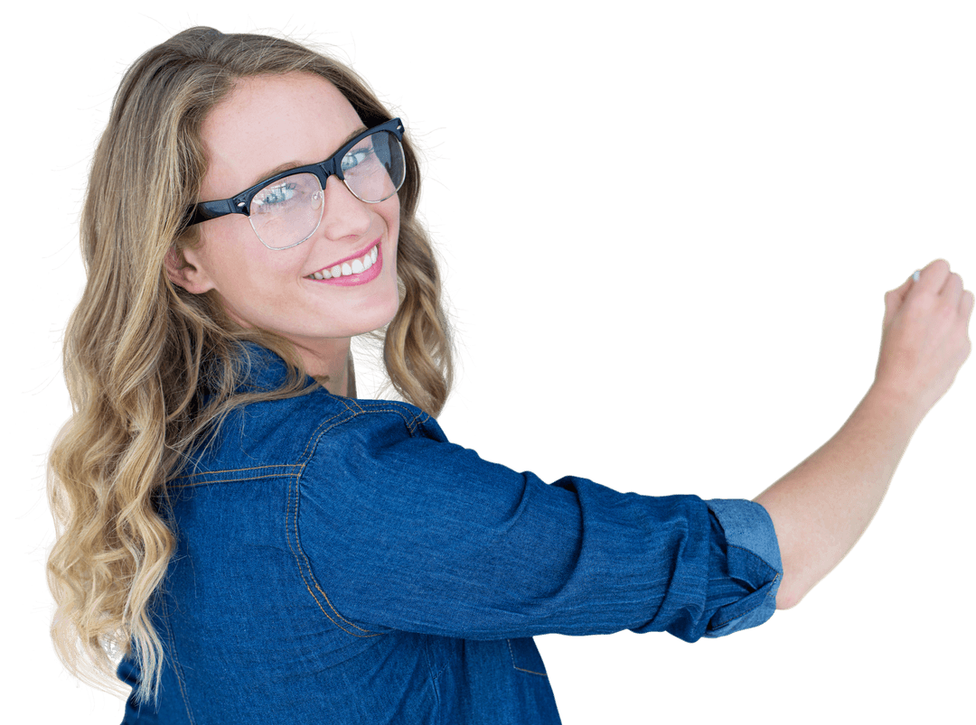 Transparent Woman Smiling While Writing in Denim Jacket