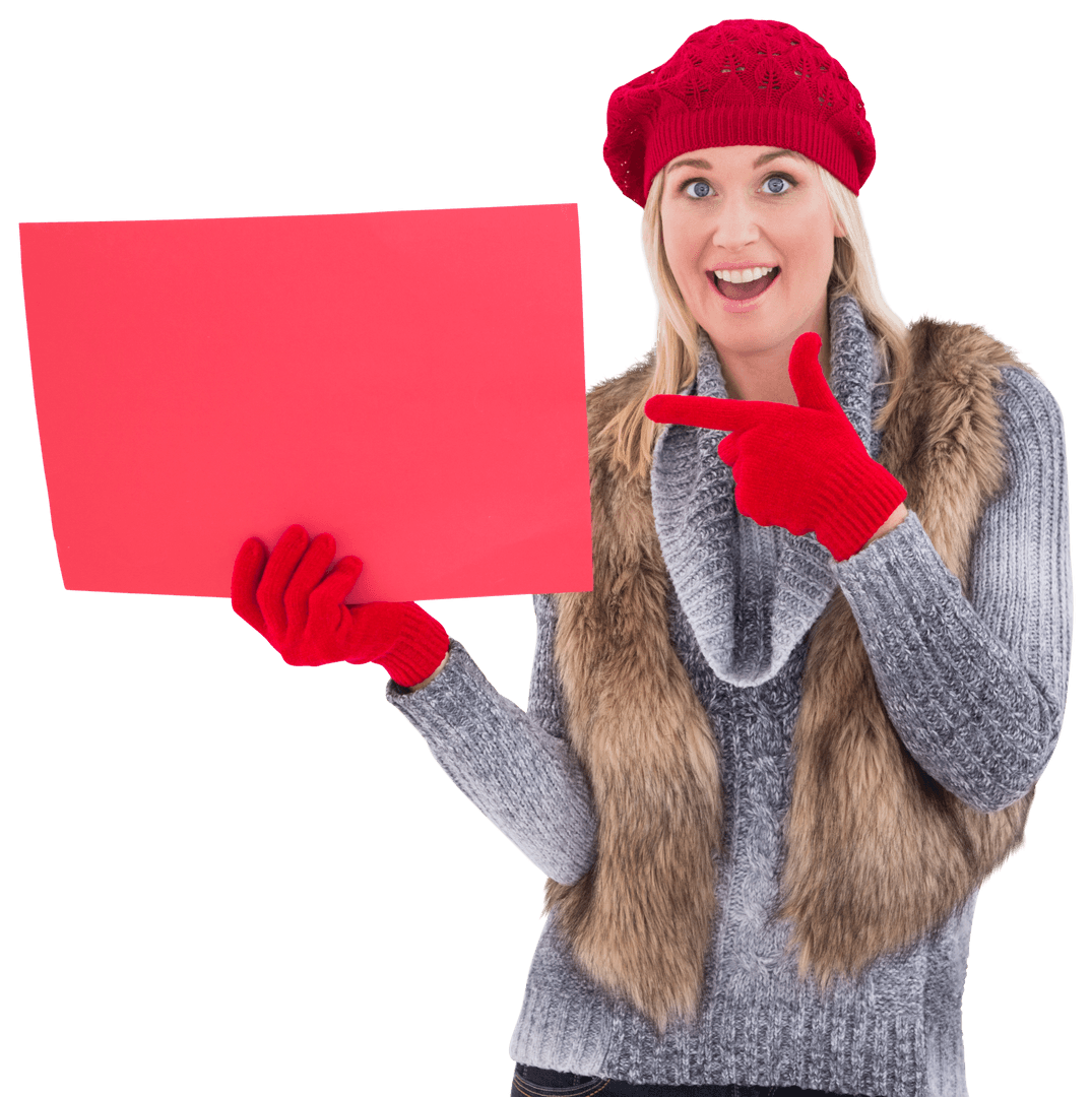 Cheerful Woman in Winter Clothes Pointing at Blank Red Sign Transparent