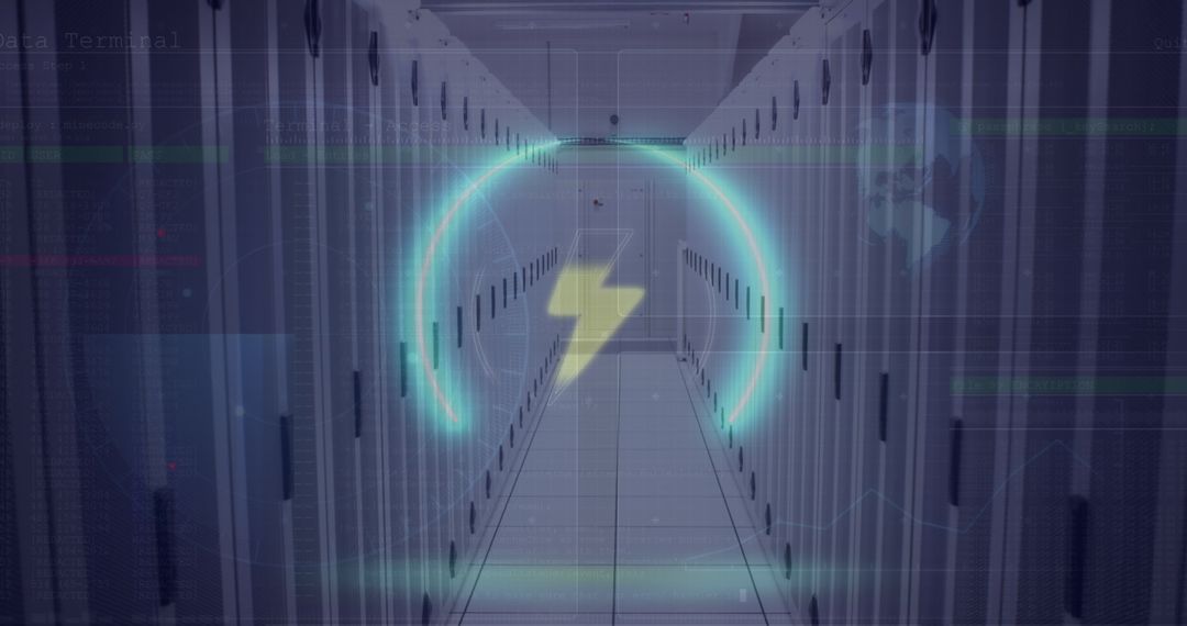Futuristic Data Center with Neon Flash Icon Overlay