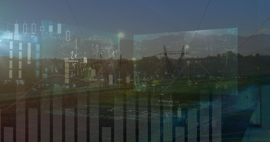 Mathematical Formula Overlay on High Voltage Power Lines Landscape