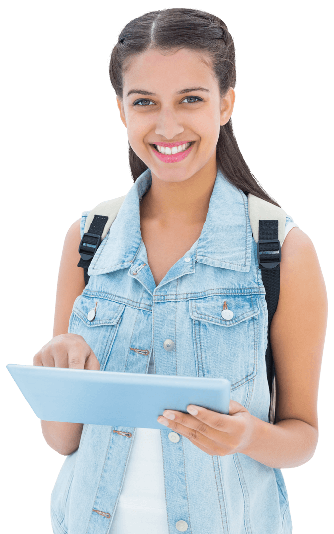 Smiling Female Student Exploring Tablet on Transparent Background