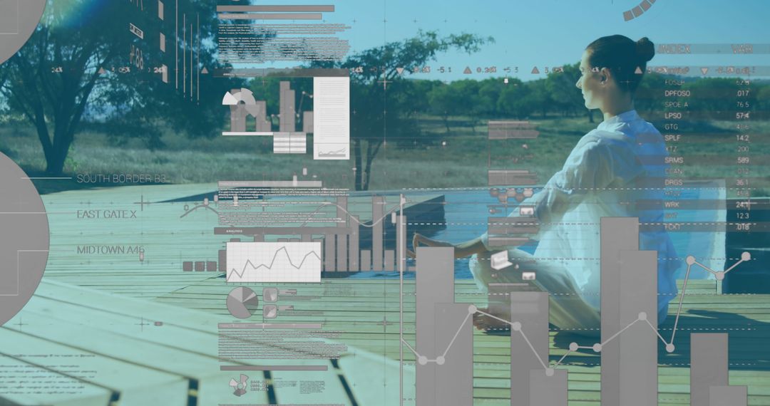 Woman Meditating at Home with Overlaid Digital Data Graphics