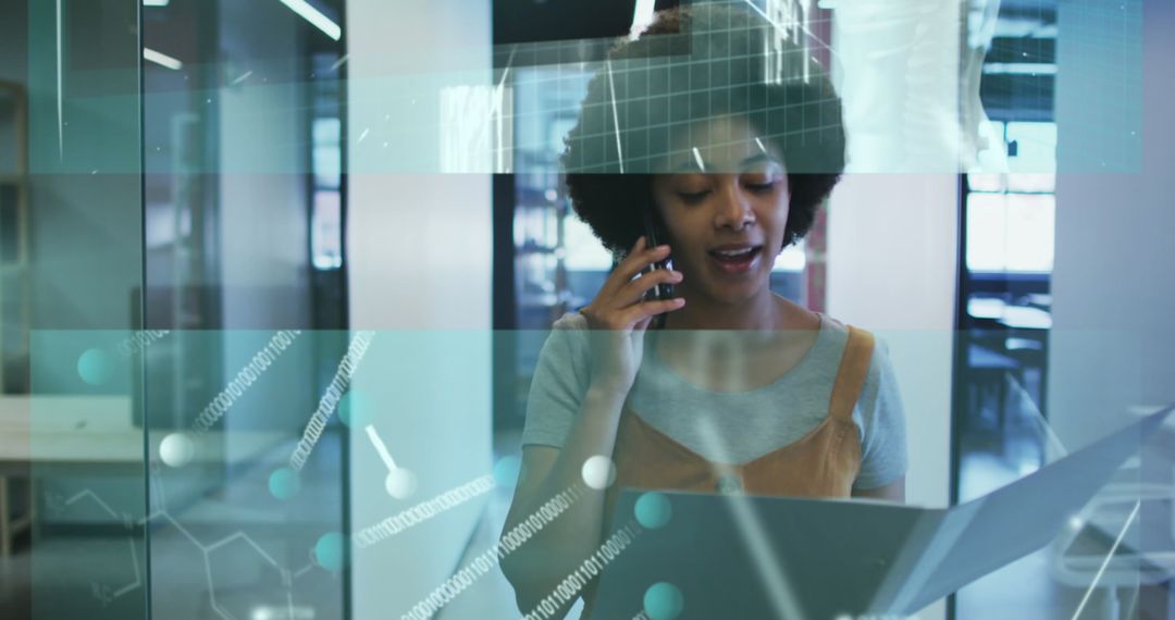 Businesswoman Discusses Data While Reading Paper in Office