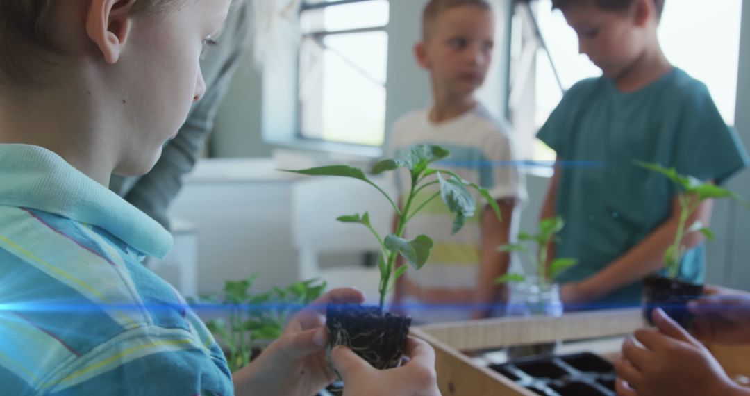 Children Engaging in Hands-On Plant Learning at School
