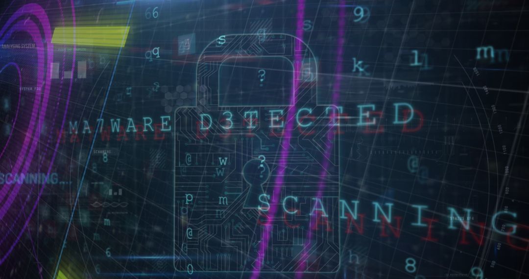 Digital security padlock with malware detection visualized