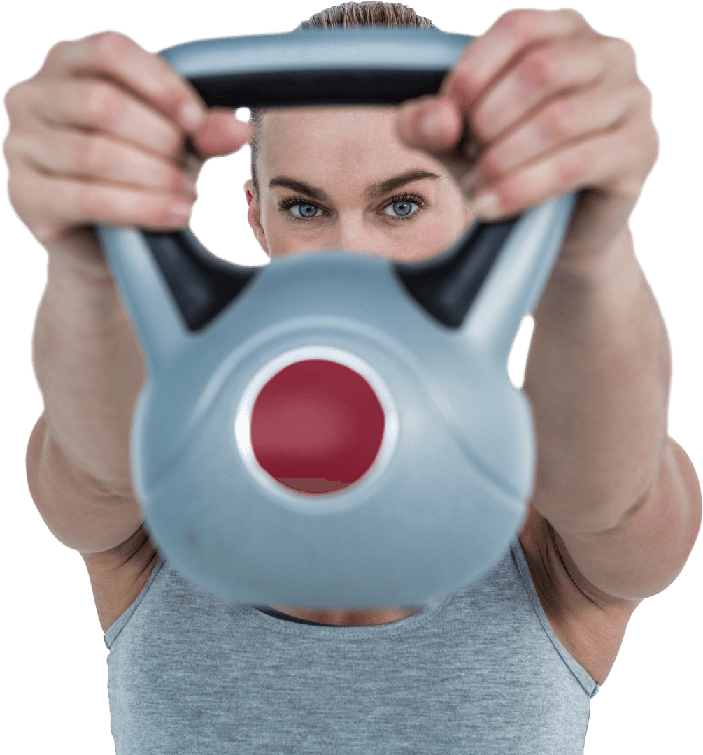 Transparent Strength: Woman Lifting Kettlebell with Determined Expression