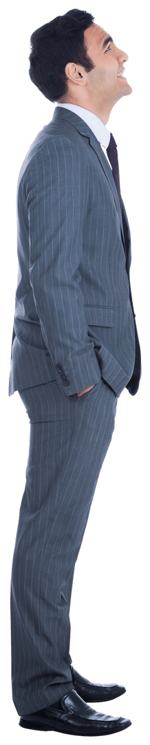 Transparent Smiling Businessman Looking Up in Gray Suit