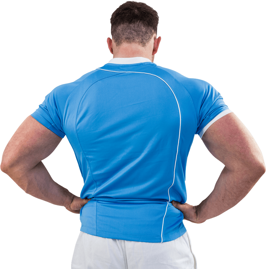 Rugby Player Displaying Formidable Back in Blue Kit Transparent