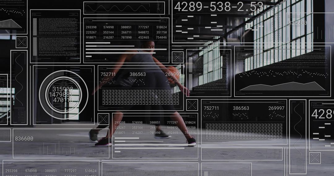 Athlete Exercising with Digital Data Panels and Advanced UI Graphic Overlays