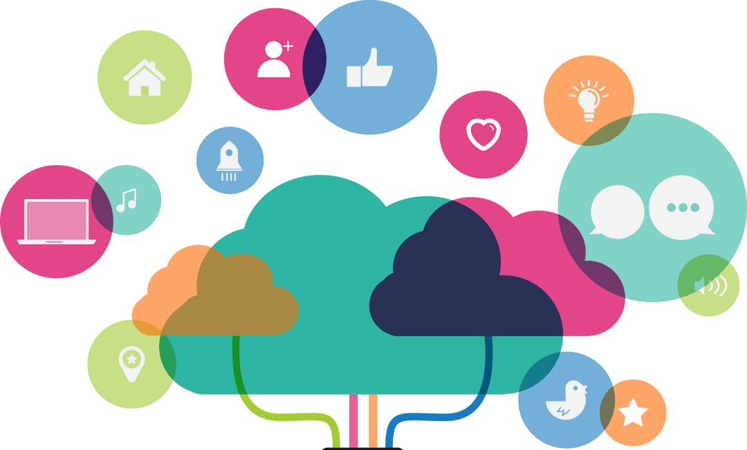 Colorful Digital Cloud with Creative Technology Icons on Transparent Background