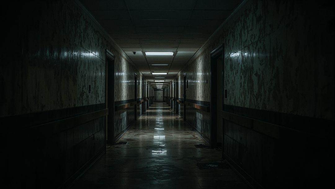 Dimly Lit Abandoned Institutional Corridor with Vintage Atmosphere