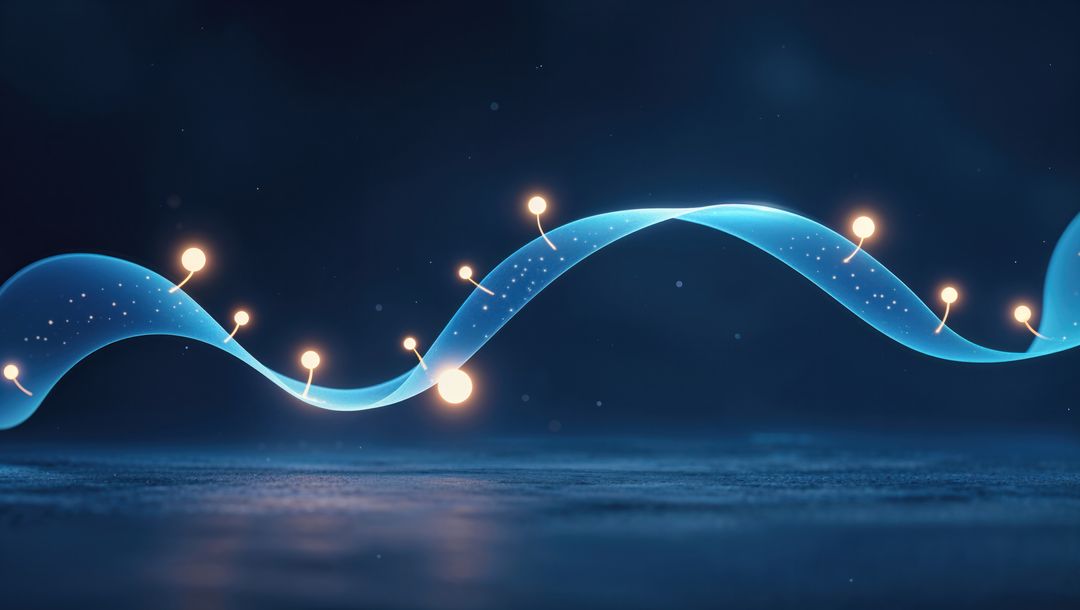 Luminescent Blue Ribbon with Glowing Orbs in Digital Fluidity