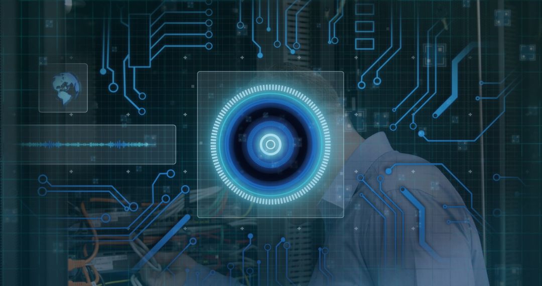 IT Technician Managing Server with Digital Interface Overlay