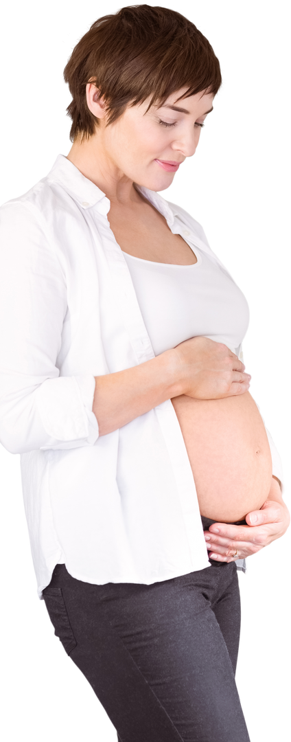 Transparent Pregnant Woman Cradling Belly in White Shirt - Download Free Stock Images Pikwizard.com