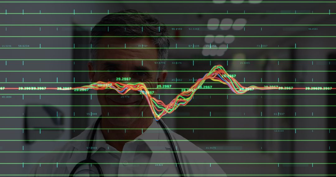 Doctor Analyzing Data with Graph Overlay in Dark Hospital Corridor