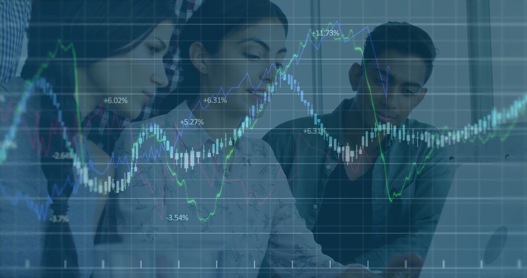 Diverse Team Collaborating with Business Charts Overlay