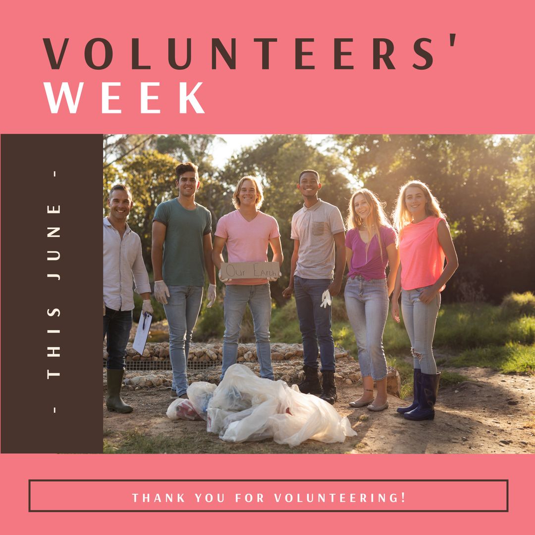 Diverse Young Volunteers Collecting Trash in Nature for Week Celebration