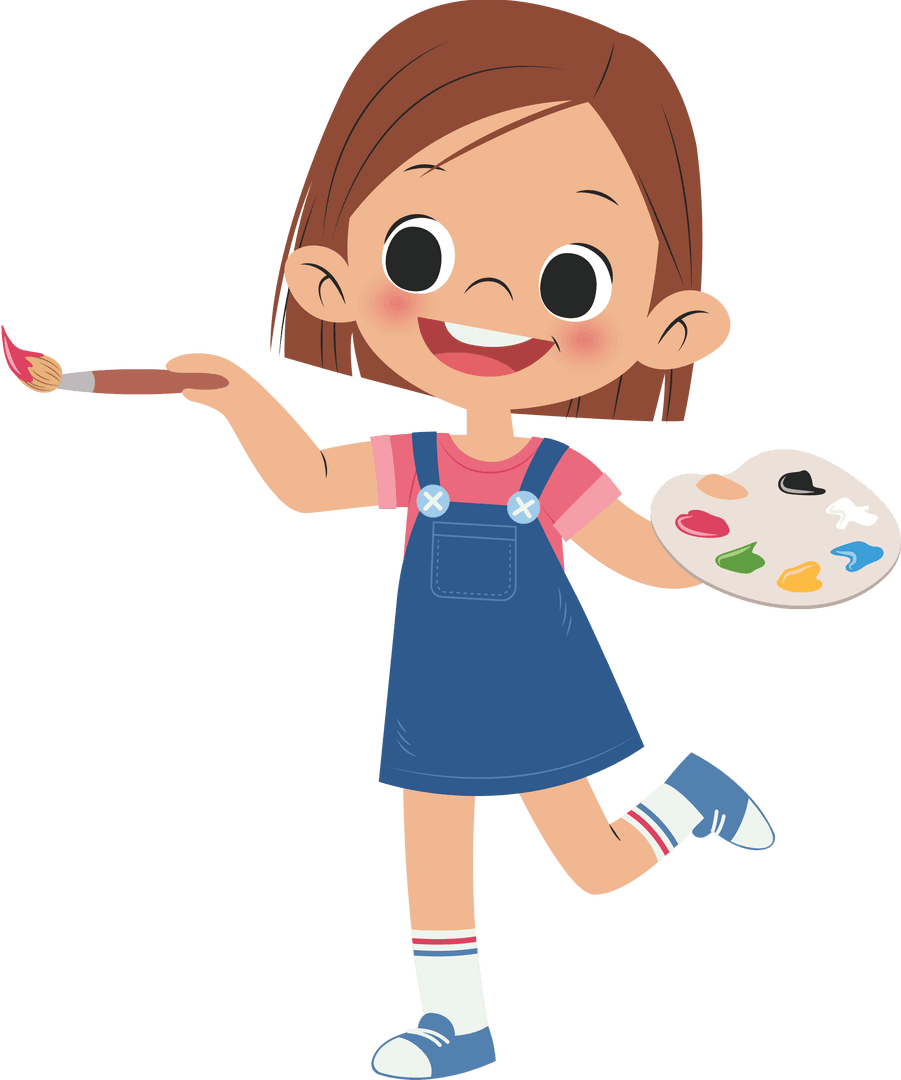 Happy Girl Painting with Palette and Brush on Transparent Background