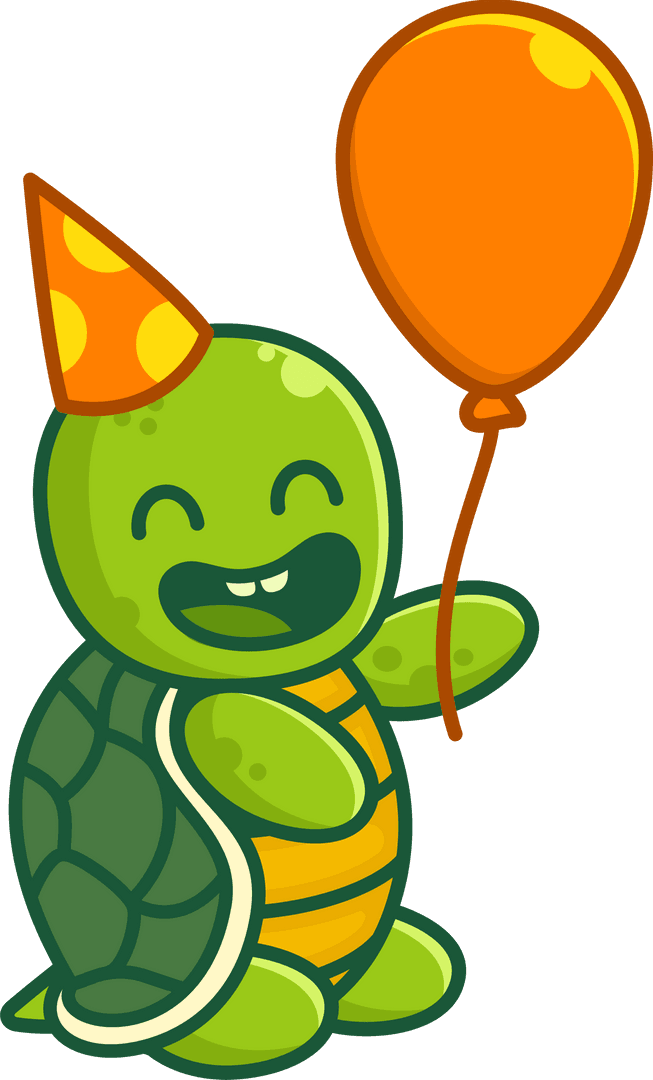 Transparent Background Happy Turtle Partying with Orange Balloon
