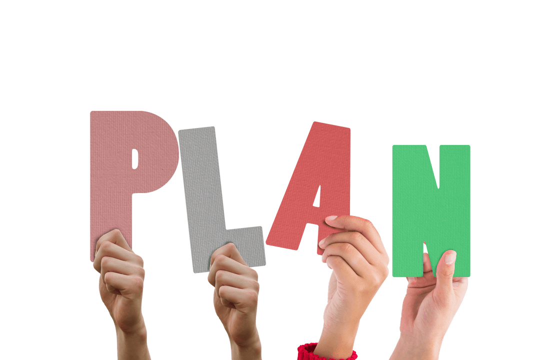 Hands Holding Colorful Plan Letters on Transparent Background