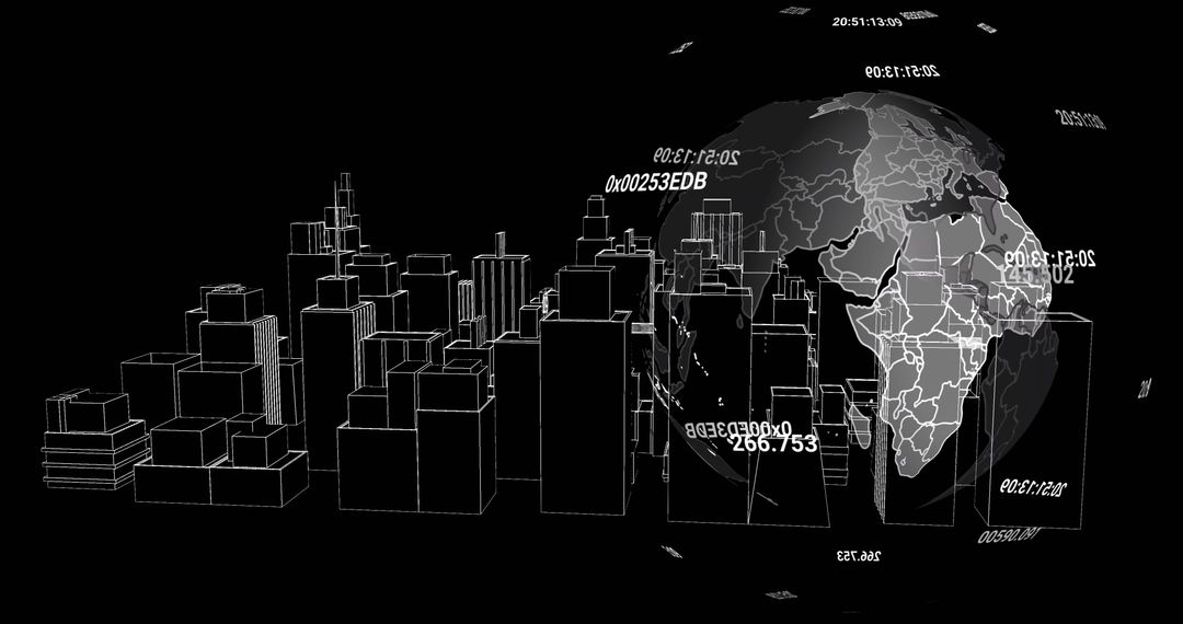 Digital Globe with Code Overlay on Urban Wireframe