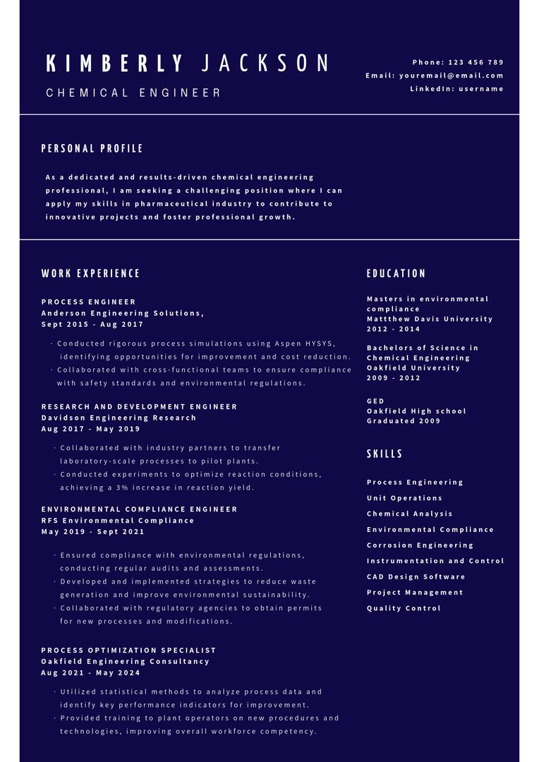 Modern Professional Chemical Engineer Resume Template in Navy Blue - Download Free Stock Templates Pikwizard.com
