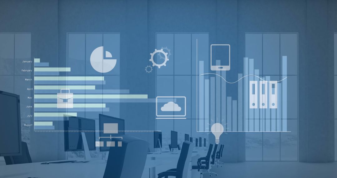 Futuristic Office with Digital Data Analytics Visuals