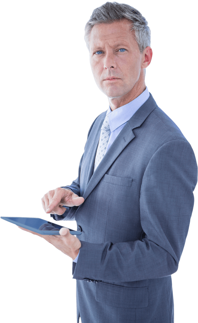 Transparent Senior Businessman Handling a Digital Tablet Confidentially