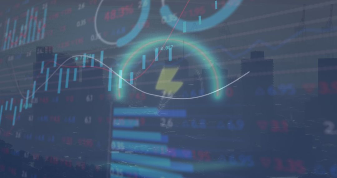 City Skyline with Futuristic Digital Graphs and Energy Symbol