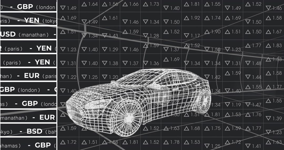 3D Wireframe Car Model Over Financial Trading Interface
