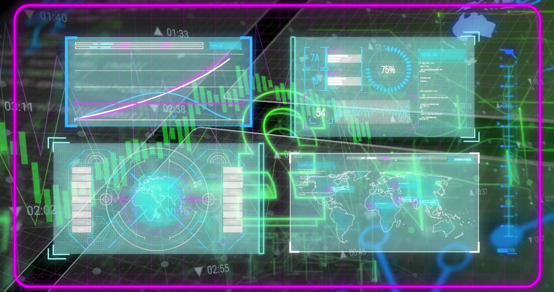 Futuristic Digital Interface with Data Panels and Analytics