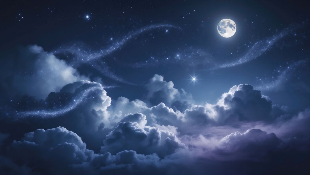 Moonlit Night Sky with Ethereal Clouds and Stardust Trails