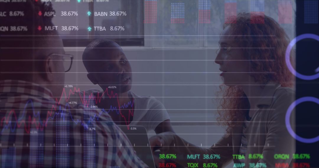 Diverse Team Discussing Stock Market Strategies with Technological Interface