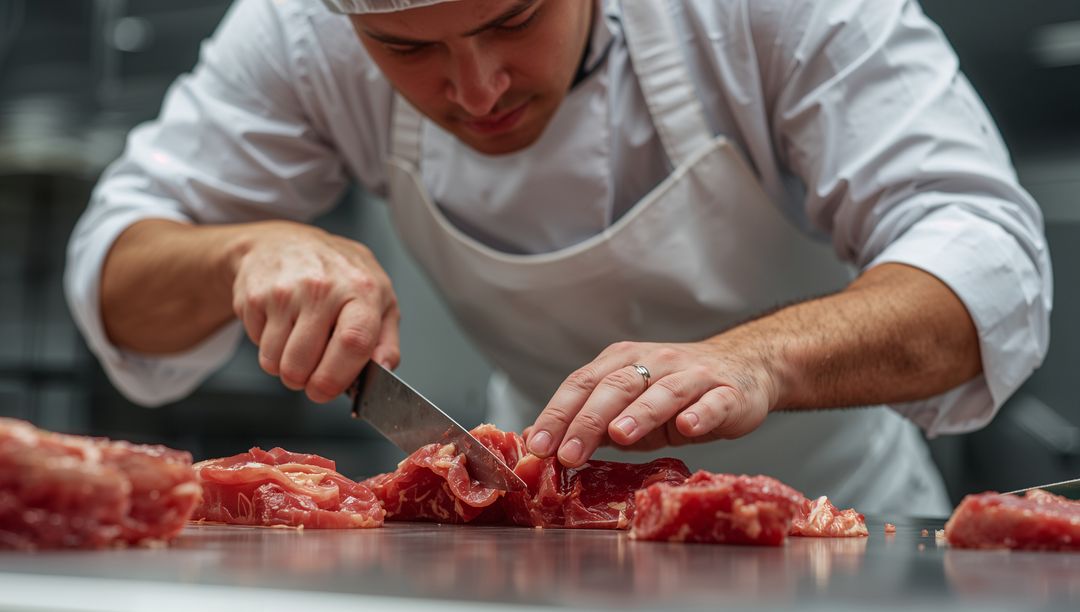 Chef Preparing Beef Chunks with Precision in Professional Kitchen