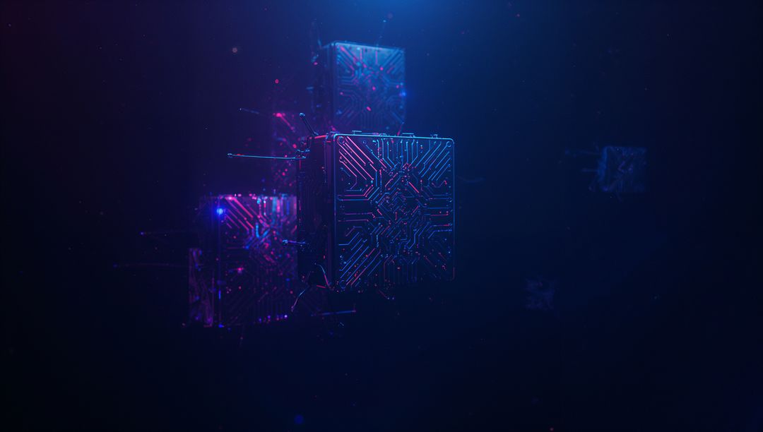 Futuristic Circuitry Cubes Floating in Neon-lit Cyber Space