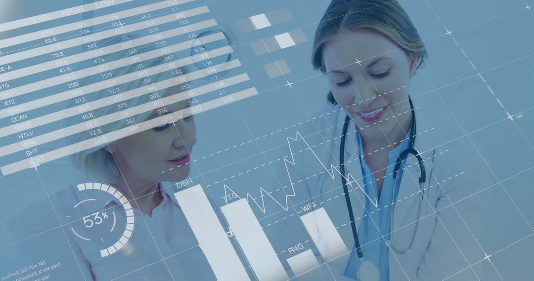 Doctor Utilizing Digital Tablet with Patient and Data Graphics Overlay