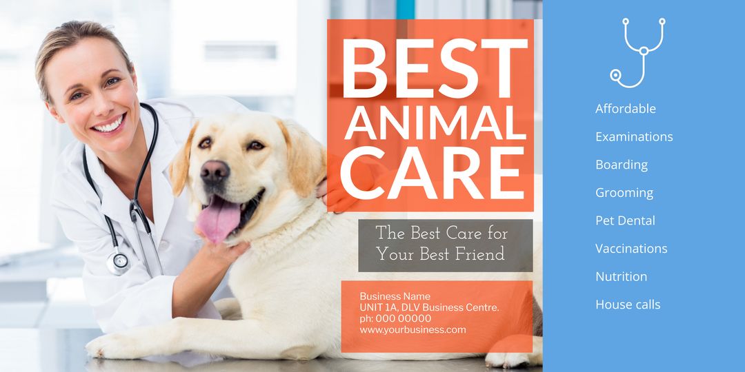 Smiling Veterinarian with Dog Promoting Animal Care Services Poster - Download Free Stock Templates Pikwizard.com