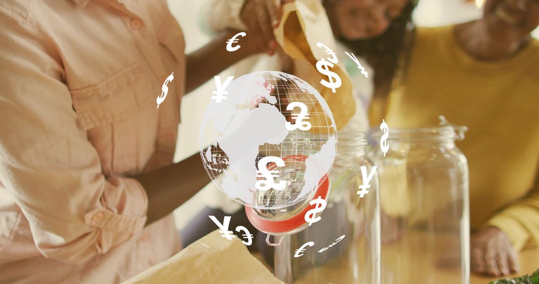 Mother pouring cash into jars while globe and currency symbols represent global savings