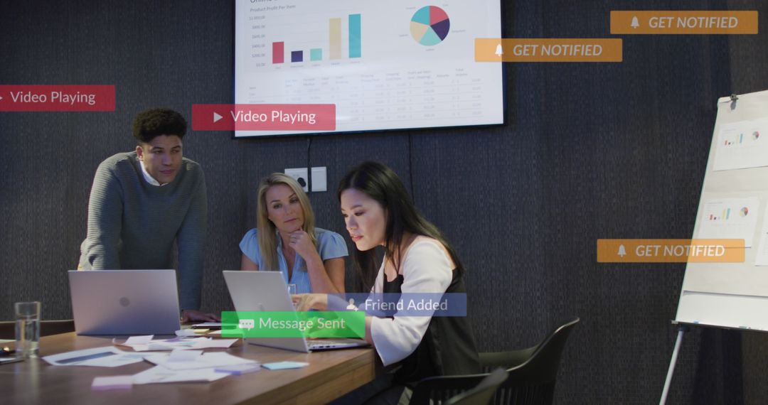 Diverse Coworkers with Social Media Notifications in Office Meeting